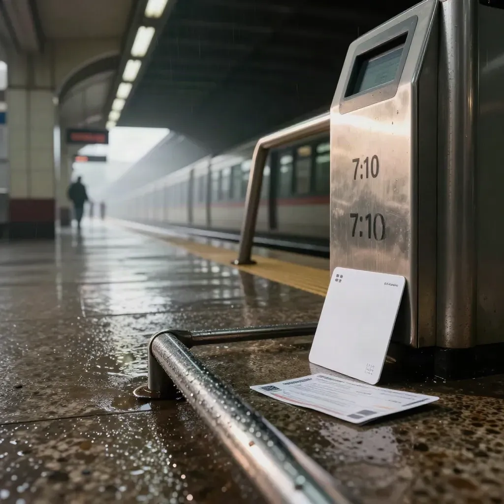 Tarjeta de transporte, validador y barrera de metro en un vestíbulo mojado al amanecer.