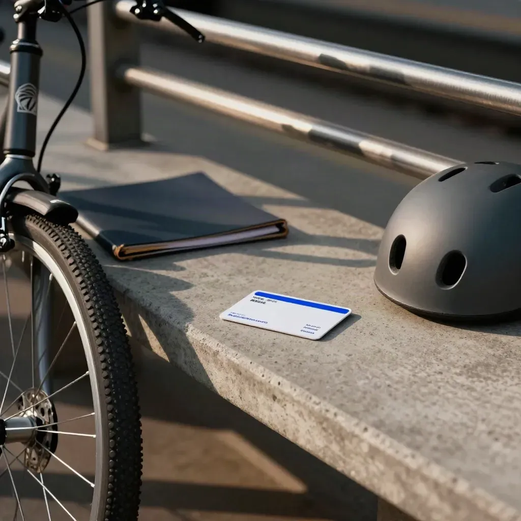 Tarjeta joven junto a una bici, carpeta y casco en una repisa de estación al salir de clase.