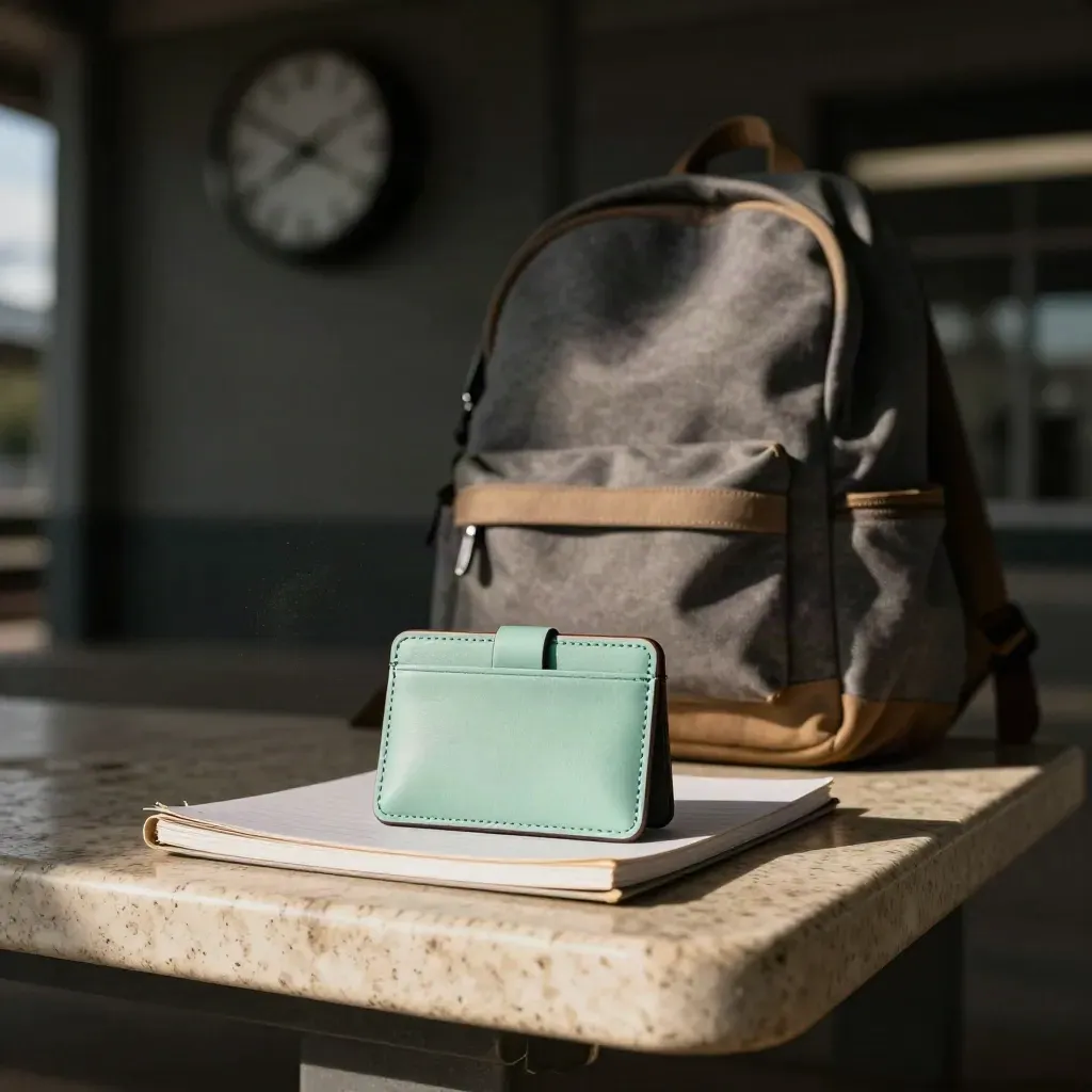 Estuche de tarjeta joven, cuaderno cerrado y mochila escolar junto a un reloj desenfocado.