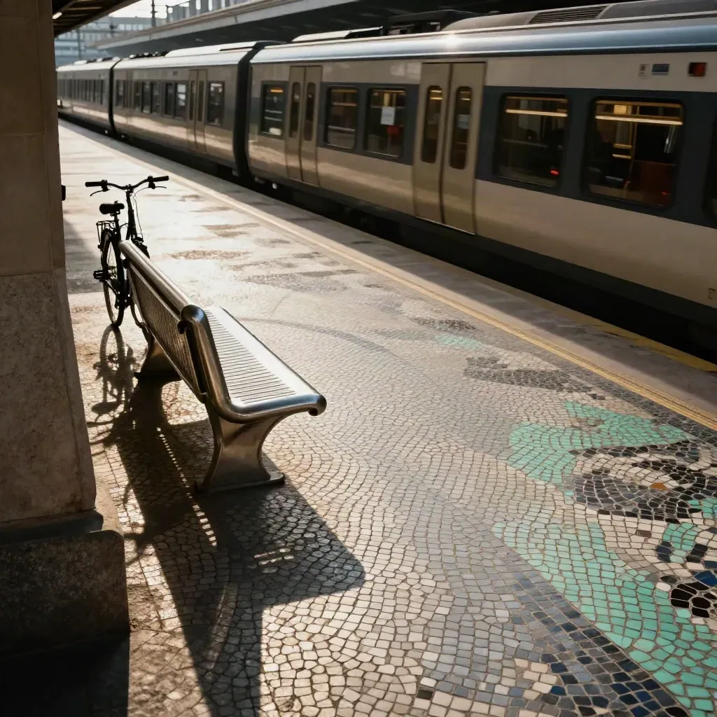Andén de Barcelona con tren entrando, bici apoyada y banco metálico sobre mosaico.