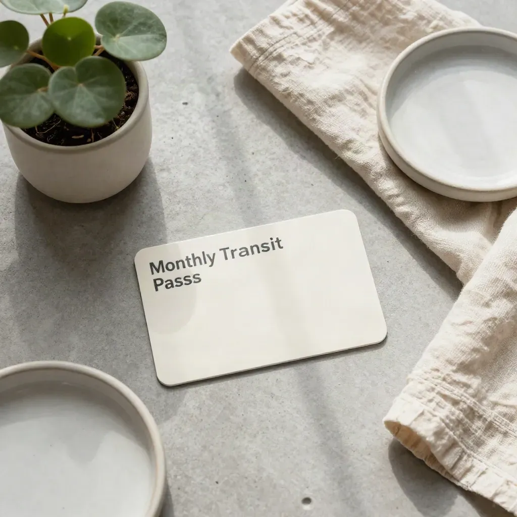 Tarjeta de abono mensual con planta pequeña, lino y cuenco cerámico sobre hormigón claro.